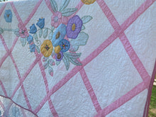 Load image into Gallery viewer, Pink Lattice Flower Applique Quilt
